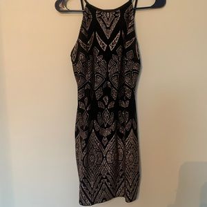 black and gold pattern body con dress